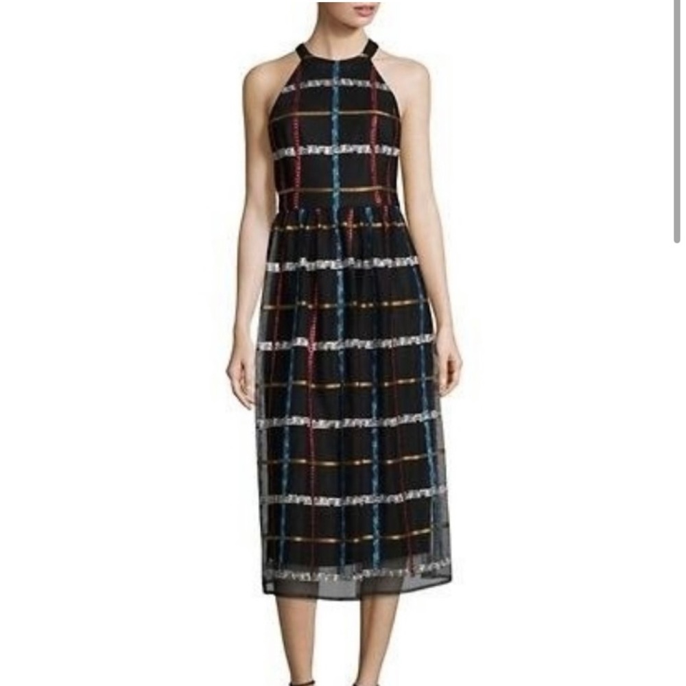 NWT Nicole Miller Halter Style Fit and Flare Maxi Dress Size 8 Tulle Multi Color